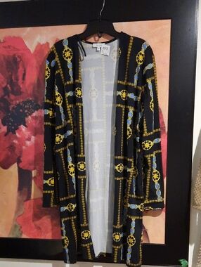 NWT XL Black Open-Front Longline Cardigan Cover Up W/ Yellow & Blue Chain Print